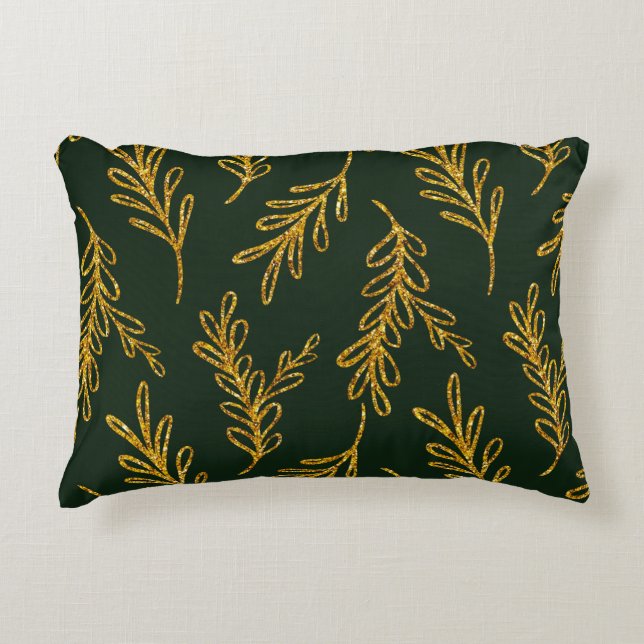 Emerald Green und Gold Floral Sprig Lumbar Dekokissen (Vorderseite)