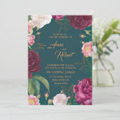 Emerald Green und Gold Floral Wedding Einladung (Stehend Vorderseite)