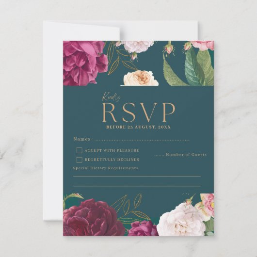 Emerald Green und Gold Floral Wedding RSVP Karte (Vorderseite)
