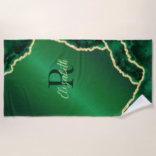 Emerald Green und Gold Geode Elegant Mit Monogramm Strandtuch (Vorderseite)