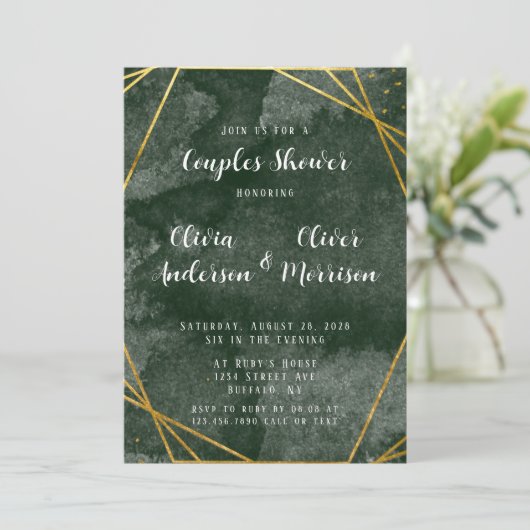 Emerald Green und Gold Geometric Couples Dusche Einladung (Stehend Vorderseite)