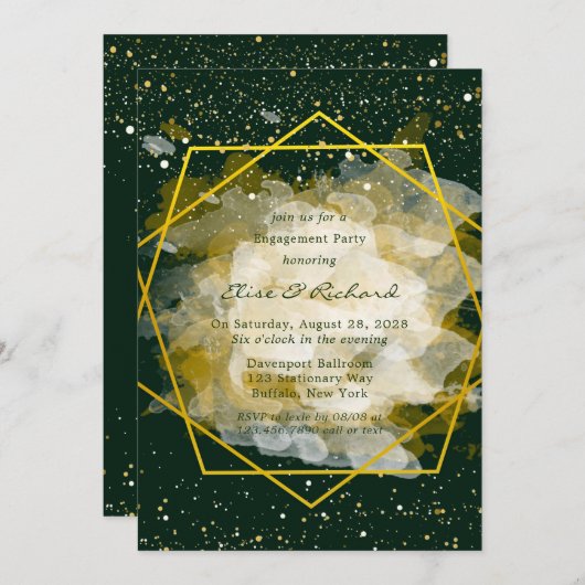 Emerald Green und Gold Geometric Engagement Party Einladung (Vorne/Hinten)
