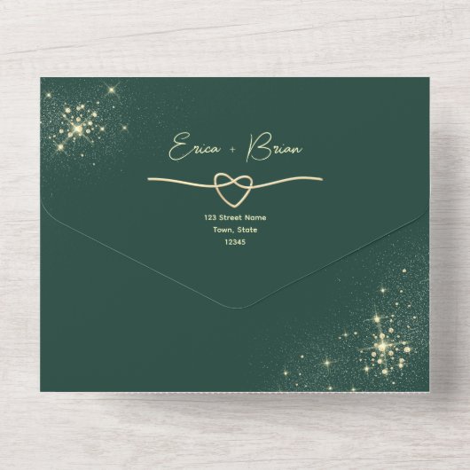 Emerald Green und Gold Glitzer Wedding All In One Einladung (Rückseite)