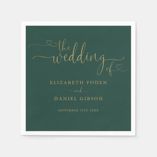 Emerald Green und Gold Heart Script Wedding Serviette (Vorderseite)