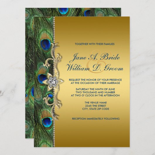 Emerald Green und Gold Peacock Wedding Einladung (Vorne/Hinten)