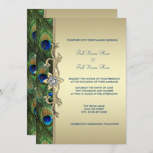 Emerald Green und Gold Peacock Wedding Einladung (Vorne/Hinten)