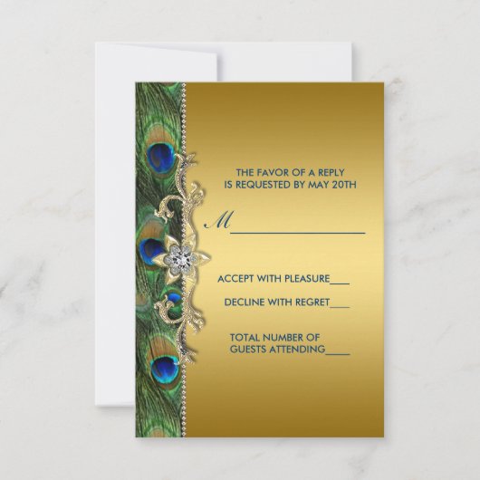 Emerald Green und Gold Peacock Wedding RSVP Karte (Vorderseite)