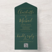 Emerald Green und Gold QR Code Hochzeit All In One Einladung (Innen Boden)