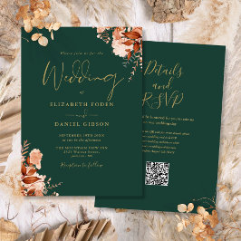 Emerald Green und Gold QR Code Hochzeit im Herbst Einladung