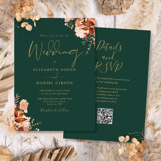 Emerald Green und Gold QR Code Hochzeit im Herbst Einladung