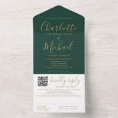 Emerald Green und Gold Script QR Code Hochzeit All In One Einladung (Innen Boden)