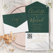Emerald Green und Gold Script QR Code Hochzeit All In One Einladung