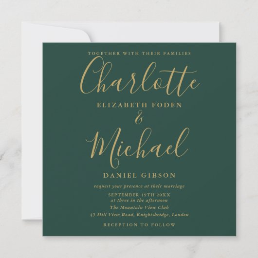 Emerald Green und Gold Script Wedding Foto Einladung (Vorderseite)