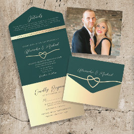 Emerald Green und Gold Wedding QR Code All In One Einladung