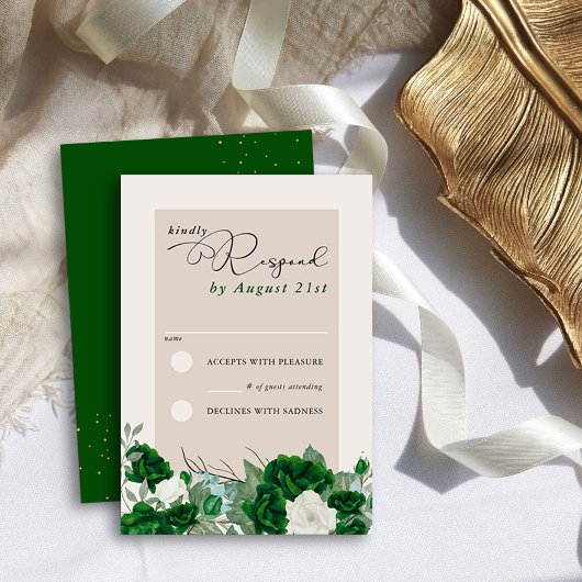 Emerald Green und Ivory Rose Elegantes Flora RSVP Karte