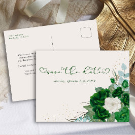 Emerald Green und Ivory Rose Floral Save the Date Ankündigungspostkarte