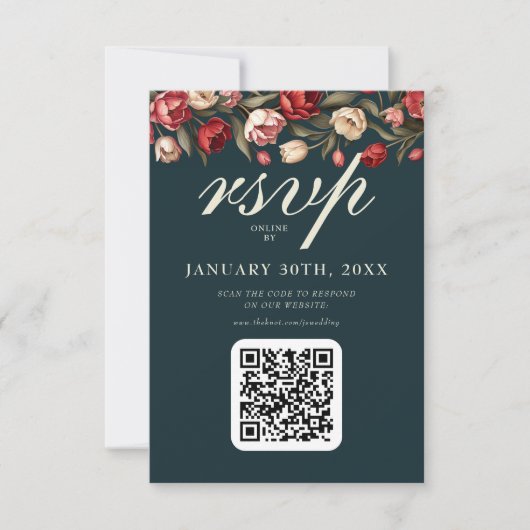 Emerald Green und Red Tulip Wedding RSVP Karte (Vorderseite)