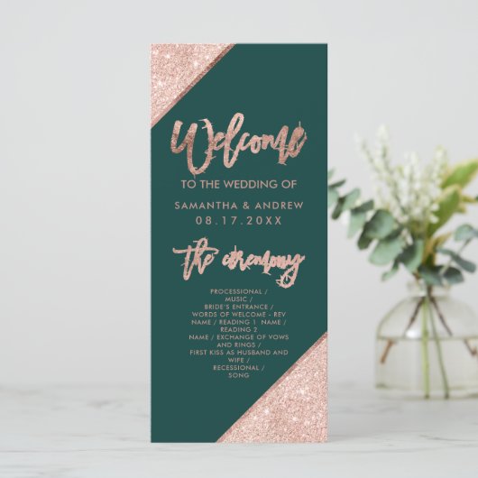 Emerald Green und Rose Gold Glitzer Wedding Programm (Stehend Vorderseite)