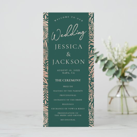 Emerald Green und Rose Gold Wedding Program (Stehend Vorderseite)