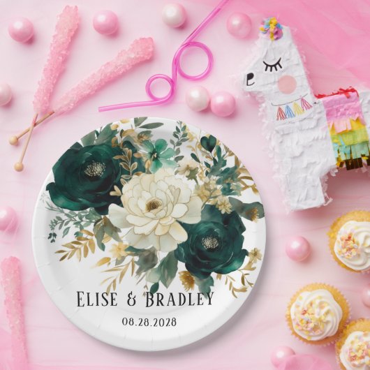Emerald Green und White Gold Peonies Wedding Pappteller (Party)