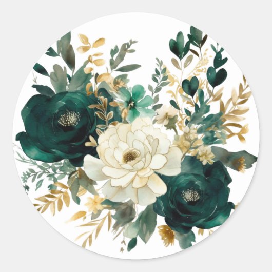 Emerald Green und White Gold Peonies Wedding Runder Aufkleber (Vorderseite)