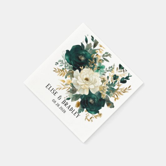 Emerald Green und White Gold Peonies Wedding Serviette (Ecke)