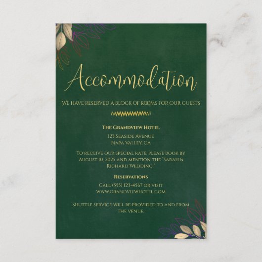 Emerald Green Velvet Hochzeitsunterkunft Wochenend Begleitkarte (Vorderseite)