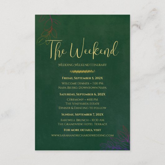 Emerald Green Velvet Hochzeitsunterkunft Wochenend Begleitkarte (Rückseite)