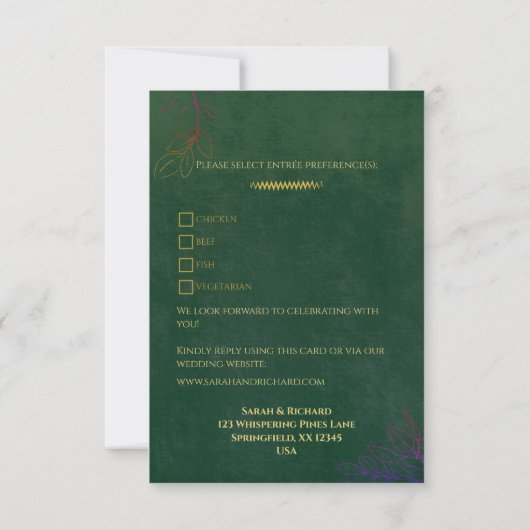 Emerald Green Velvet Luxe Gold Accent Wedding RSVP Karte (Rückseite)