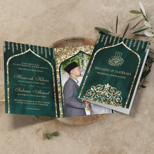 Emerald Green Vintag Gold Islamic Arch Wedding Einladung