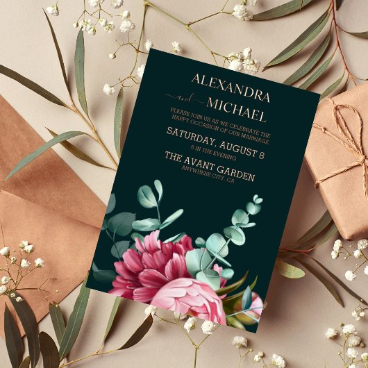 Emerald Green Watercolor Burgundy Blume Hochzeit Folieneinladung