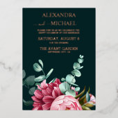 Emerald Green Watercolor Burgundy Blume Hochzeit Folieneinladung (Vorderseite)