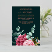 Emerald Green Watercolor Burgundy Blume Hochzeit Folieneinladung (Stehend vorne)