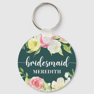 Emerald Green Watercolor Floral Bridesmaid Name Schlüsselanhänger