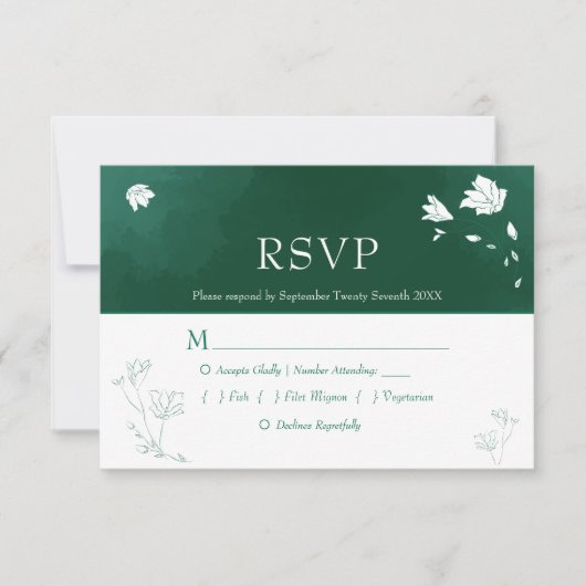 Emerald Green Watercolor Floral Wedding RSVP Karte (Vorderseite)