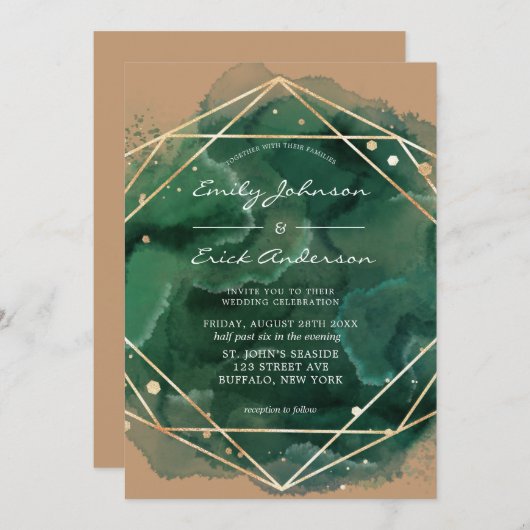 Emerald Green Watercolor Gold Tan Wedding Einladung (Vorne/Hinten)