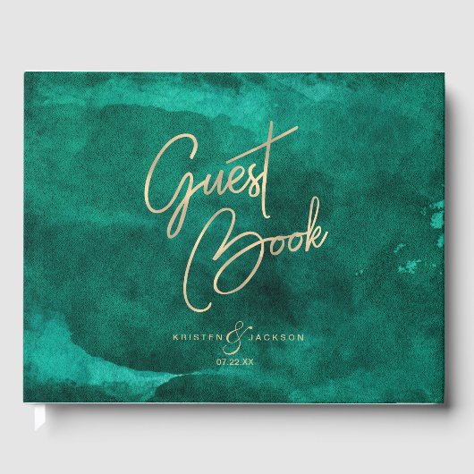 Emerald Green Watercolor & Gold Wedding Monogram Gästebuch (Vorderseite)