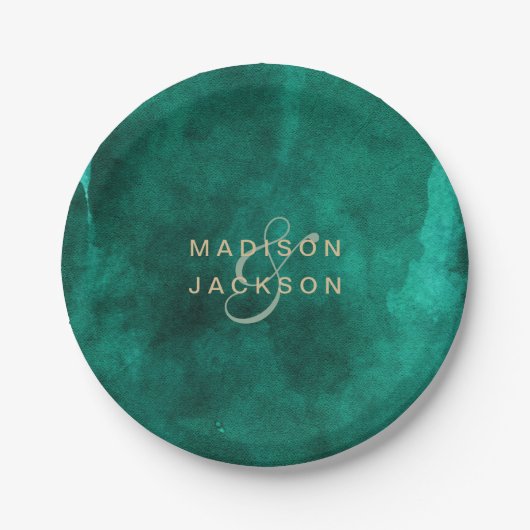 Emerald Green Watercolor & Gold Wedding Monogram Pappteller (Vorderseite)