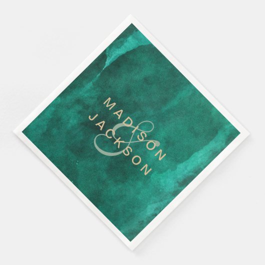 Emerald Green Watercolor & Gold Wedding Monogram Serviette (Ecke)