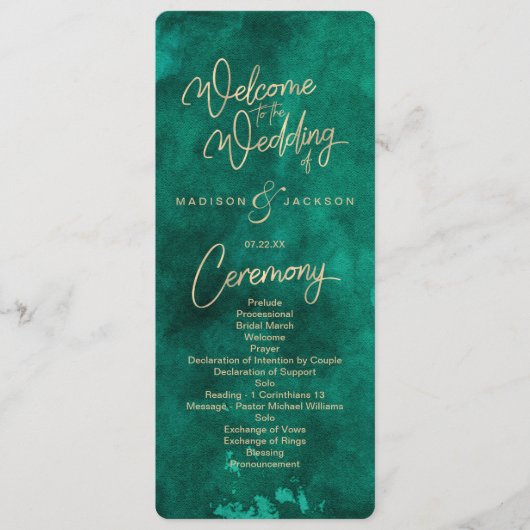 Emerald Green Watercolor & Gold Wedding Program Programm (Vorderseite)