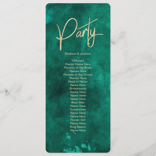 Emerald Green Watercolor & Gold Wedding Program Programm (Rückseite)