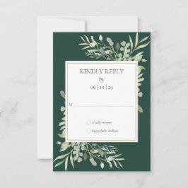 Emerald Green Watercolor Greenerity Gold Wedding RSVP Karte