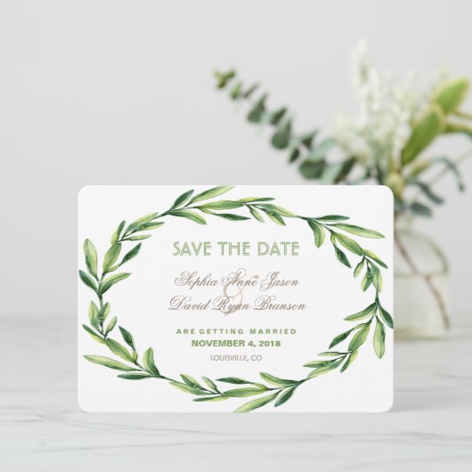 Emerald Green Watercolor Kreath SAVE THE DATE (Stehend Vorderseite)