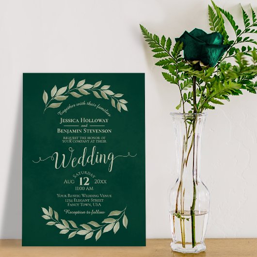 Emerald Green Watercolor Laurel Blätter Wedding Einladung