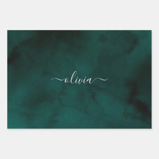 Emerald Green Watercolor Monogram Geschenkpapier Set (Vorderseite)