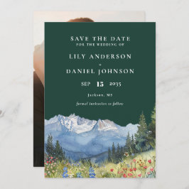 Emerald Green Watercolor Mountain Photo Wedding Save The Date