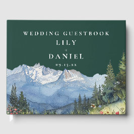 Emerald Green Watercolor Mountain Wedding Photo Gästebuch