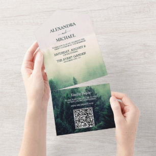 Emerald Green Watercolor Pine Tree Wedding All In One Einladung