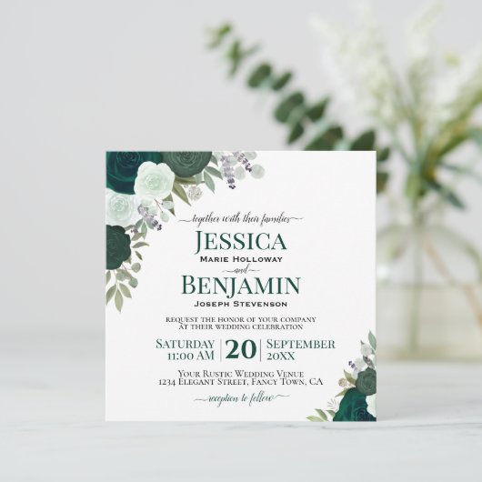Emerald Green Watercolor Rose Elegante Hochzeit Einladung (Stehend Vorderseite)