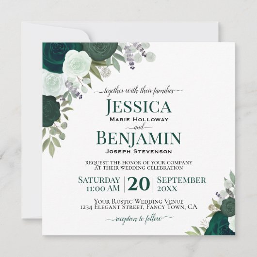 Emerald Green Watercolor Rose Elegante Hochzeit Einladung (Vorderseite)